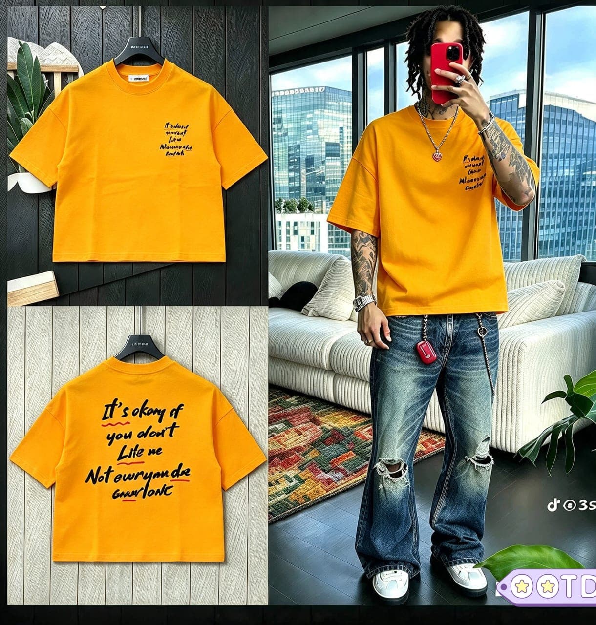 Yellow cropped t-shirt with quote print on chest and full text on back, shown in flat lays and on model.