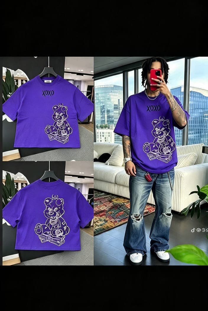 Purple cropped t-shirt with XOXO teddy bear graphic on front and back, shown in flat lays and on model.
