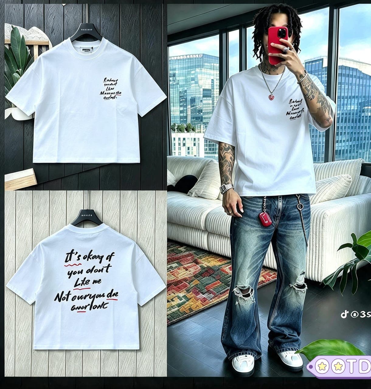 White cropped t-shirt with quote print on chest and full text on back, shown in flat lays and on model.