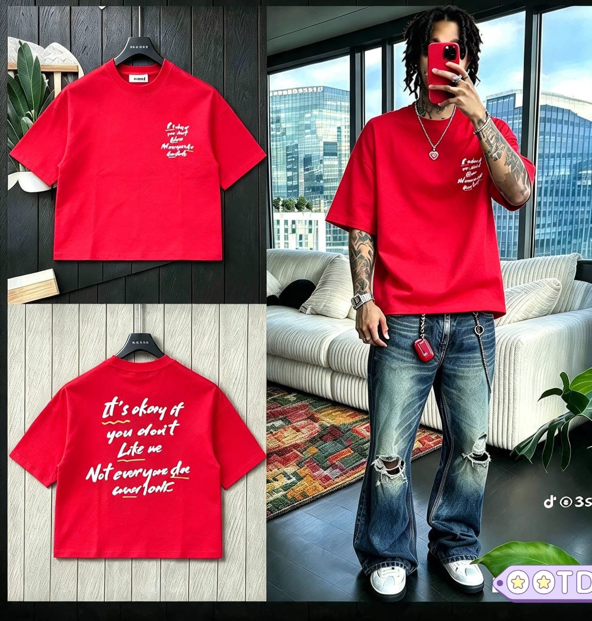 Red cropped t-shirt with quote print on chest and full text on back, shown in flat lays and on model.