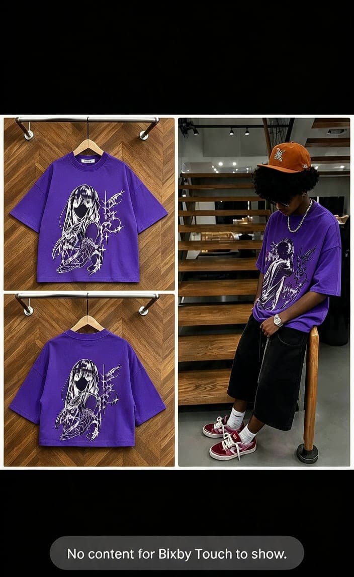 Purple cropped t-shirt with anime girl and barbed wire graphic on front and back, shown in flat lays and on model.