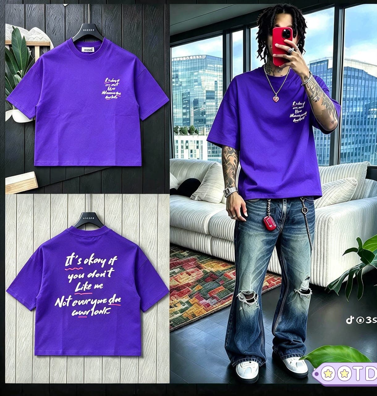 Purple cropped t-shirt with quote print on chest and full text on back, shown in flat lays and on model.