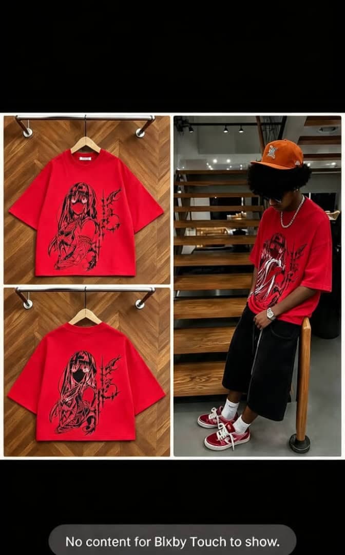 Red cropped t-shirt with anime girl and barbed wire graphic on front and back, shown in flat lays and on model.