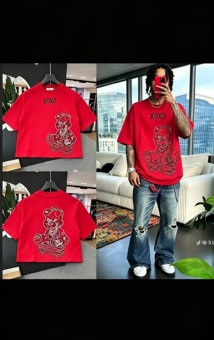 Red cropped t-shirt with XOXO teddy bear graphic on front and back, shown in flat lays and on model.