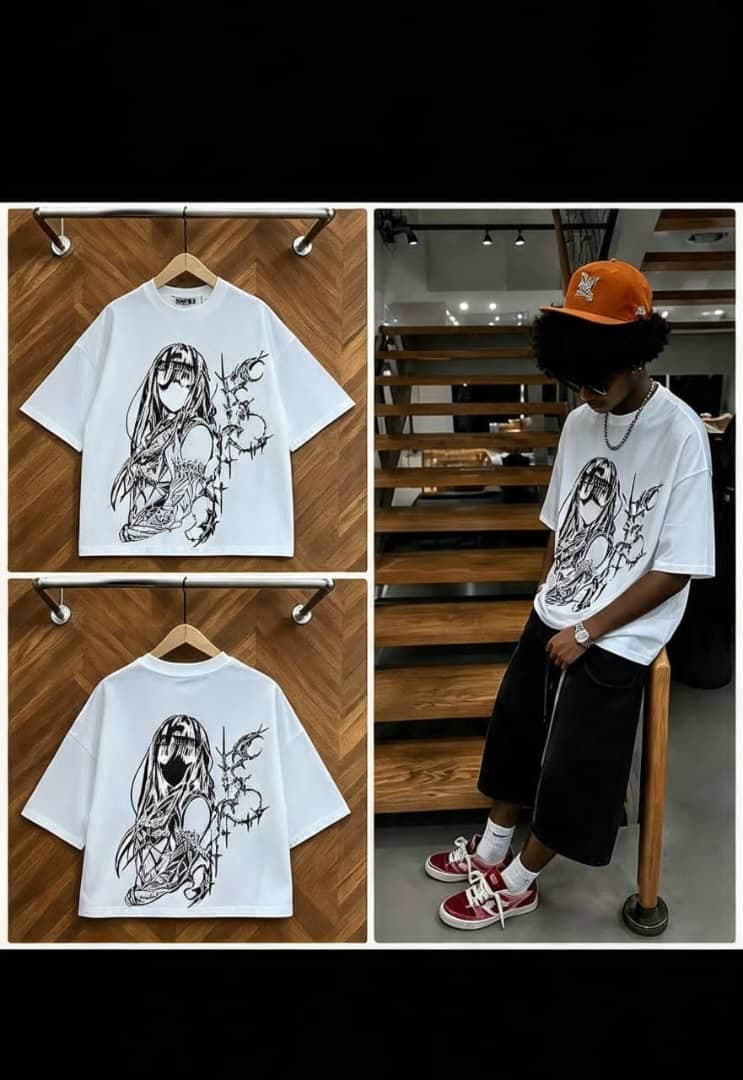 White cropped t-shirt with anime girl and barbed wire graphic on front and back, shown in flat lays and on model.