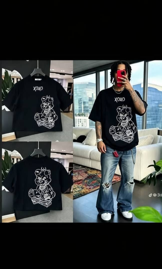 Black cropped t-shirt with XOXO teddy bear graphic on front and back, shown in flat lays and on model.