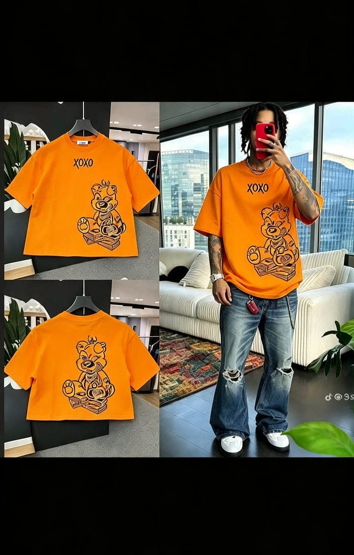 Orange cropped t-shirt with XOXO teddy bear graphic on front and back, shown in flat lays and on model.