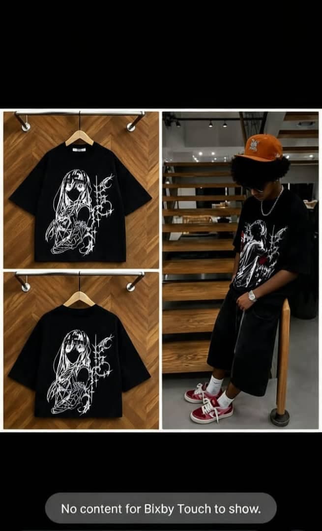 Black cropped t-shirt with anime girl and barbed wire graphic on front and back, shown in flat lays and on model.