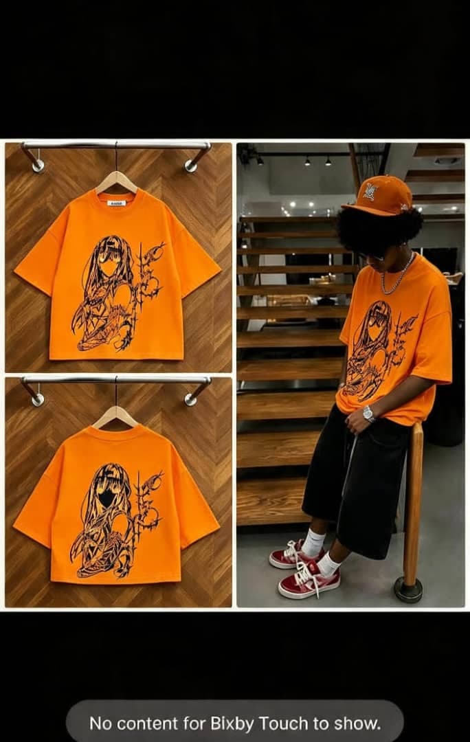 Orange cropped t-shirt with anime girl and barbed wire graphic on front and back, shown in flat lays and on model.