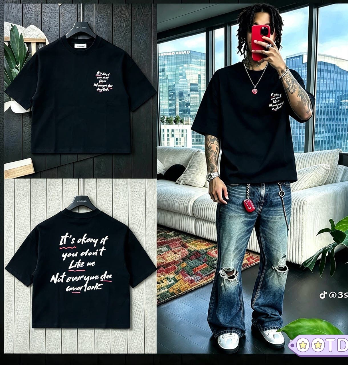 Black cropped t-shirt with quote print on chest and full text on back, shown in flat lays and on model.