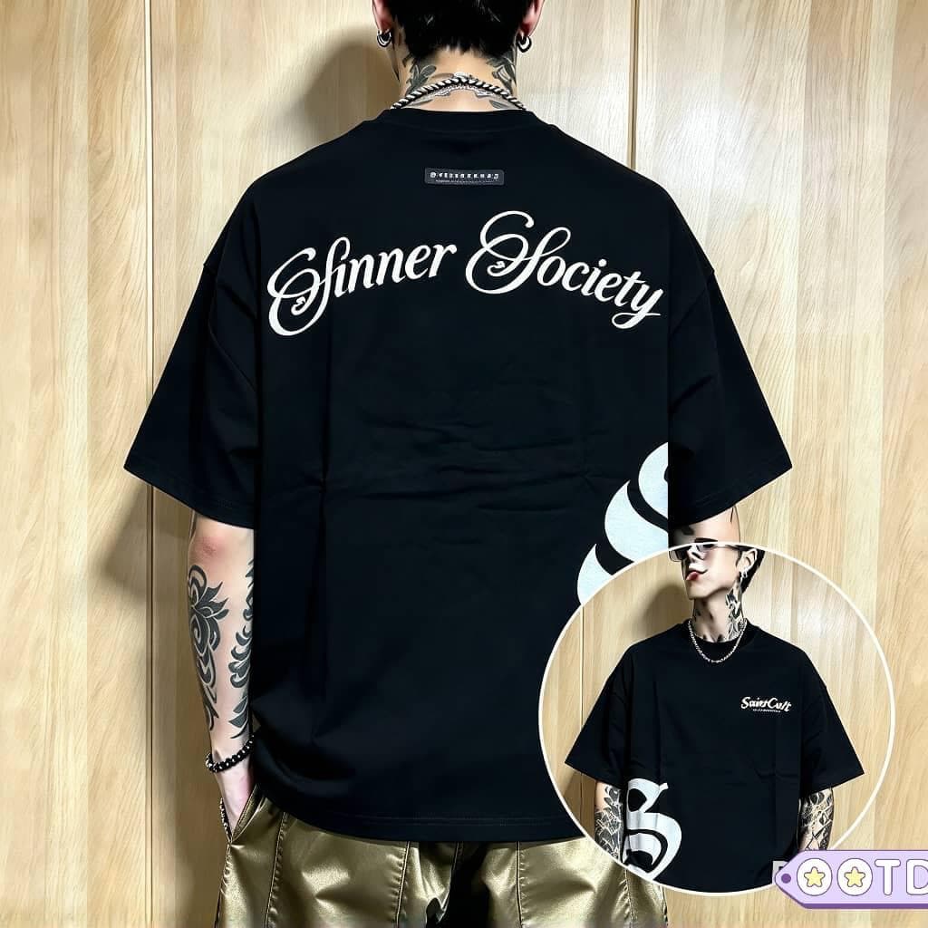 Model in black Silence the Chaos skull t-shirt, back view with detailed white print.