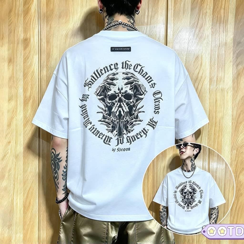 Man wearing white anime graphic t-shirt with red panel print, front view.