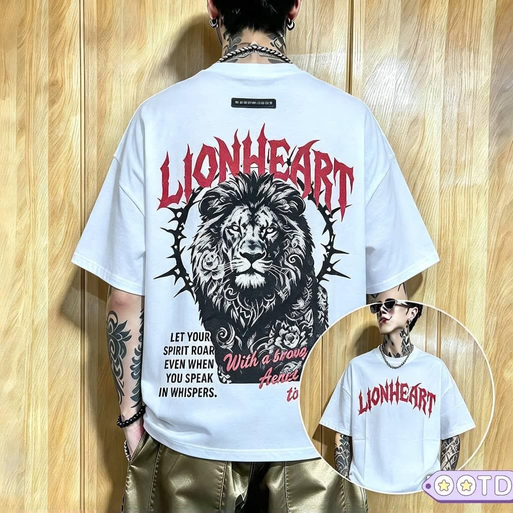 Model in white Lionheart t-shirt, back view with red and black lion graphic.