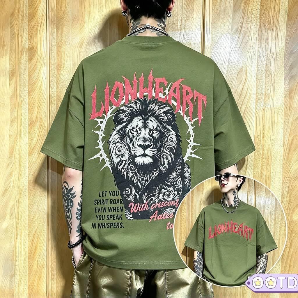 Model in black opportunities oversized t-shirt, back view with white text.