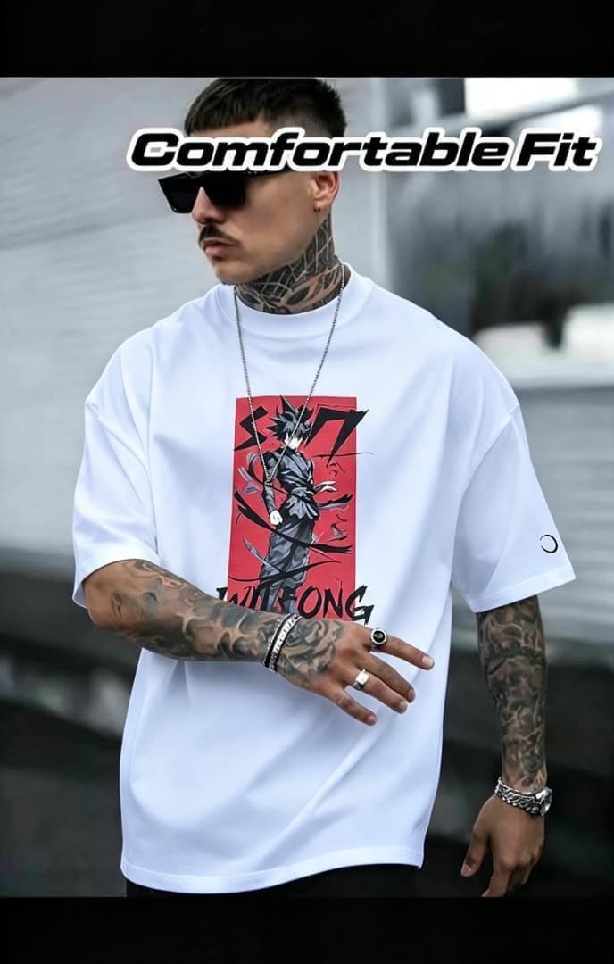 Model in white Silence the Chaos skull t-shirt, back view with black graphic.