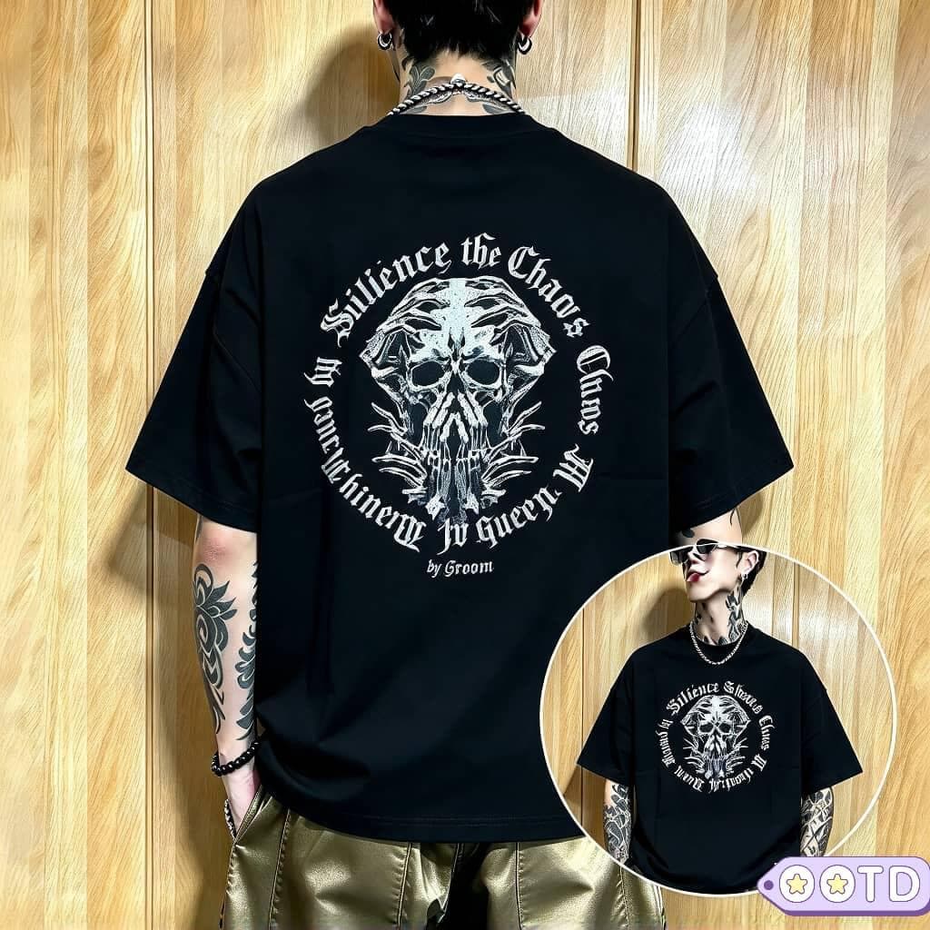 Model in black Sinner Society t-shirt, back view with white cursive lettering.