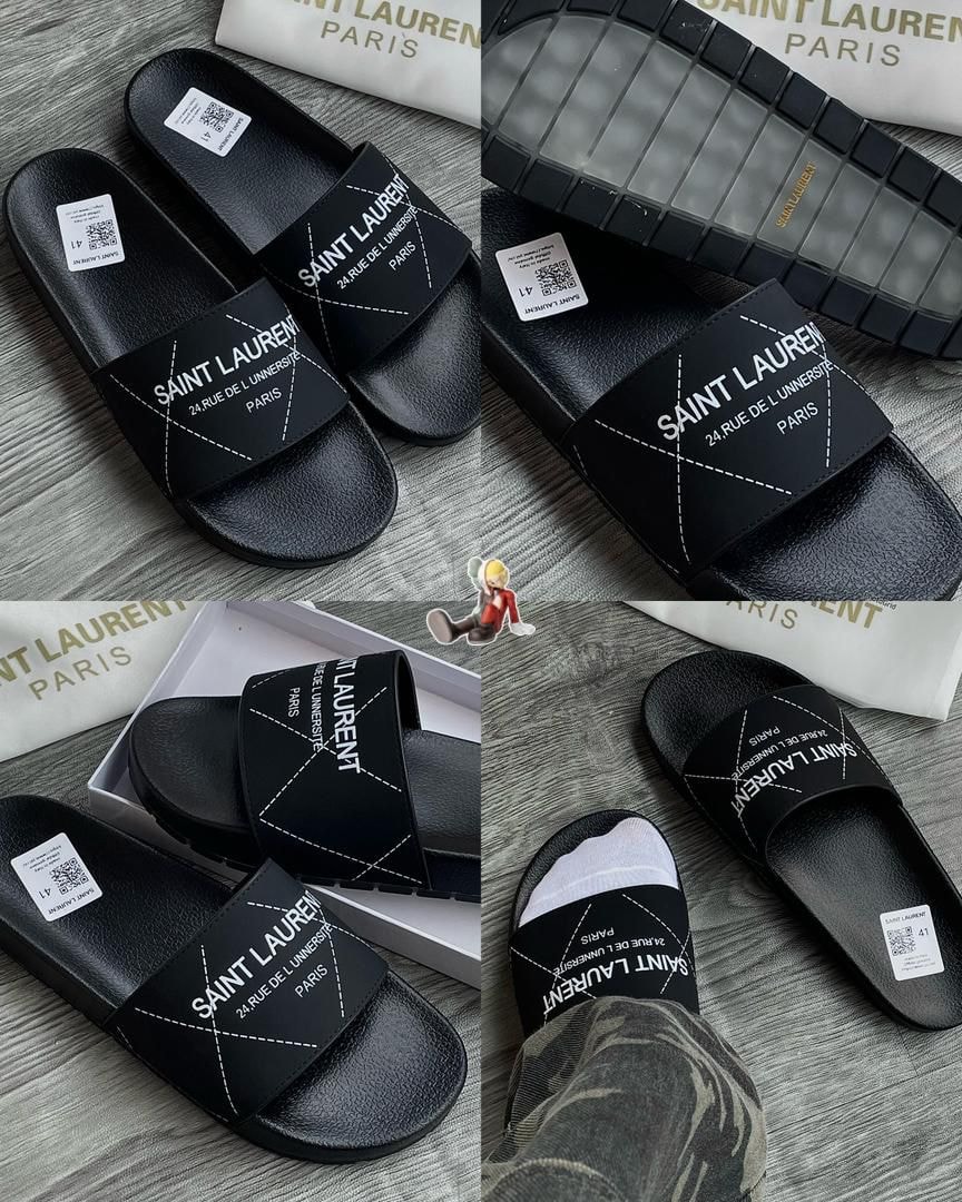 Collage of black Saint Laurent slides with white print from various angles and in box.