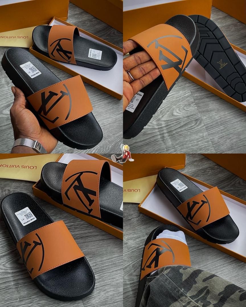Collage of orange LV monogram slides with boxes, hand held views, and sole details.