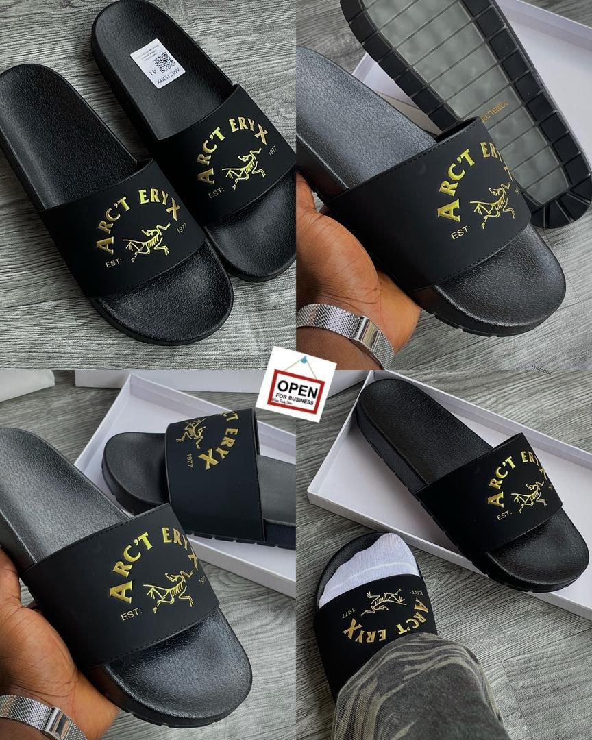 Collage of black Arc'teryx slides showing logos, sole, box, and hand held views.