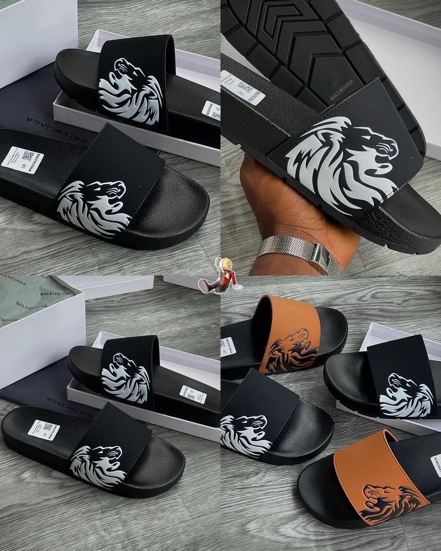 Collage showing black and brown Balenciaga lion head slides from multiple views including sole and hand held.