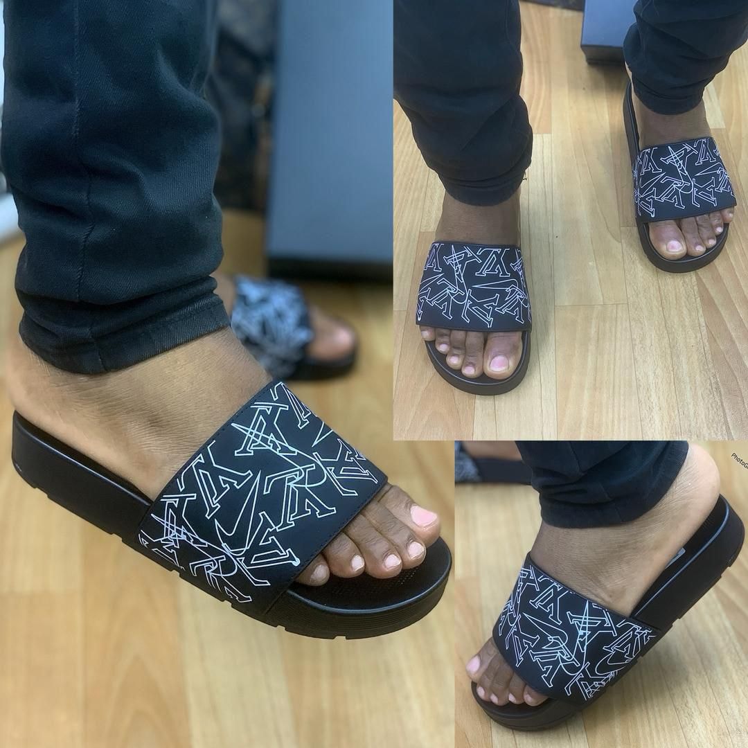 Collage of black slides with white graphic pattern worn on feet from multiple angles.