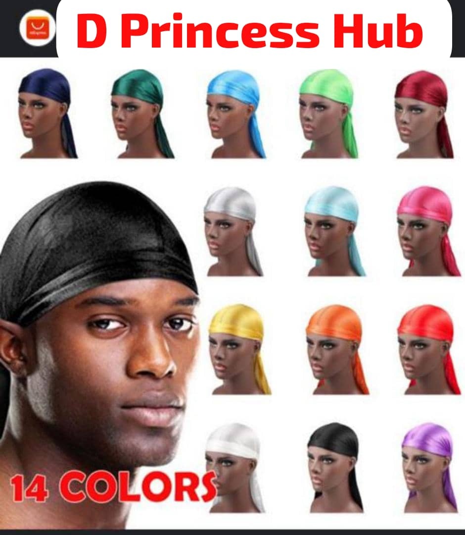 Assortment of 14 colored satin durags on mannequin heads with male model wearing black durag, labeled 14 COLORS