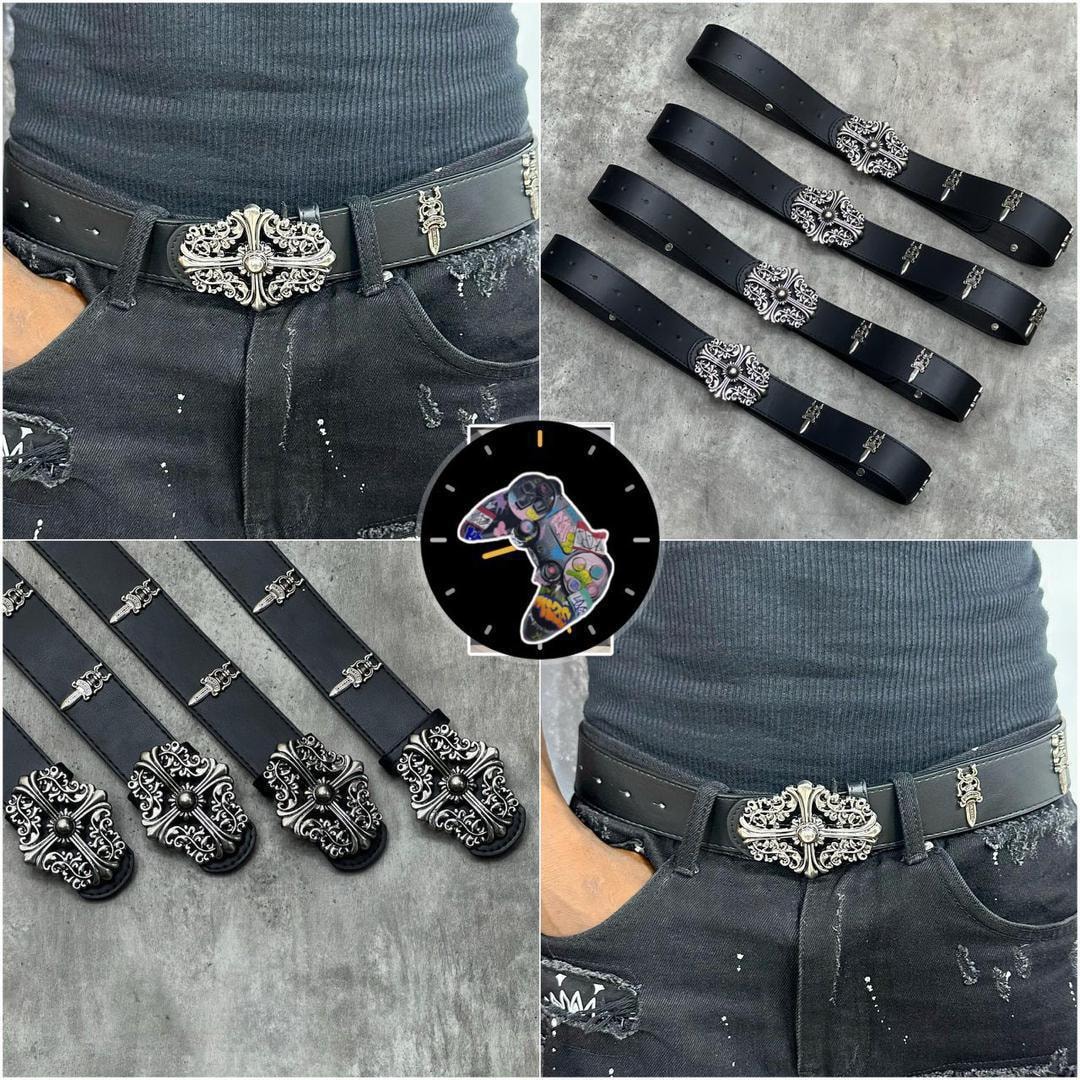 Collage of black leather belt with ornate cross buckle shown on model and in multiple flat lays.