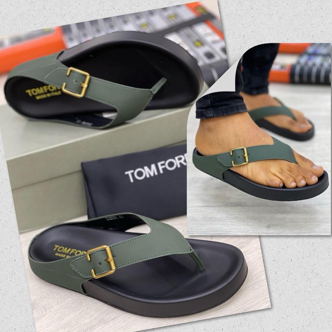 Olive green Tom Ford thong sandals with gold buckle shown in multiple angles including on foot.
