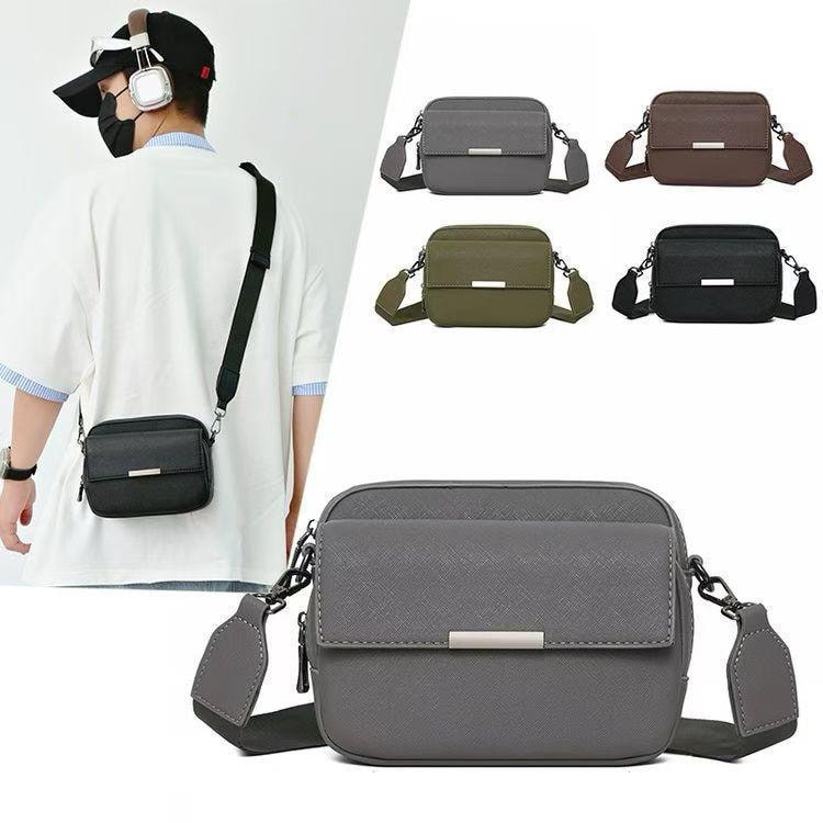 Textured crossbody bag shown on model and in gray, brown, olive and black color variants.