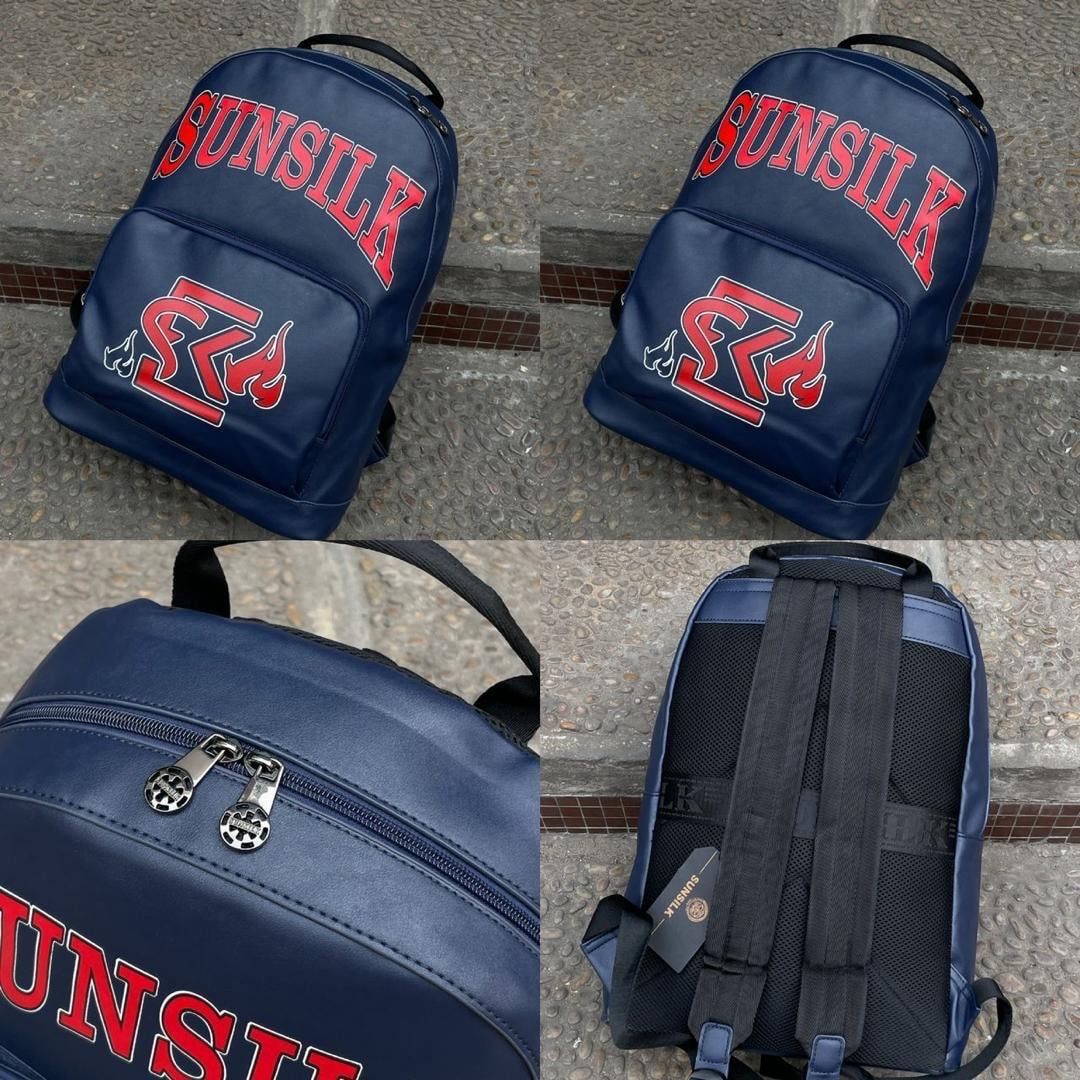 Navy Sunsilk backpack shown in multiple angles including front, side, zipper and back views.