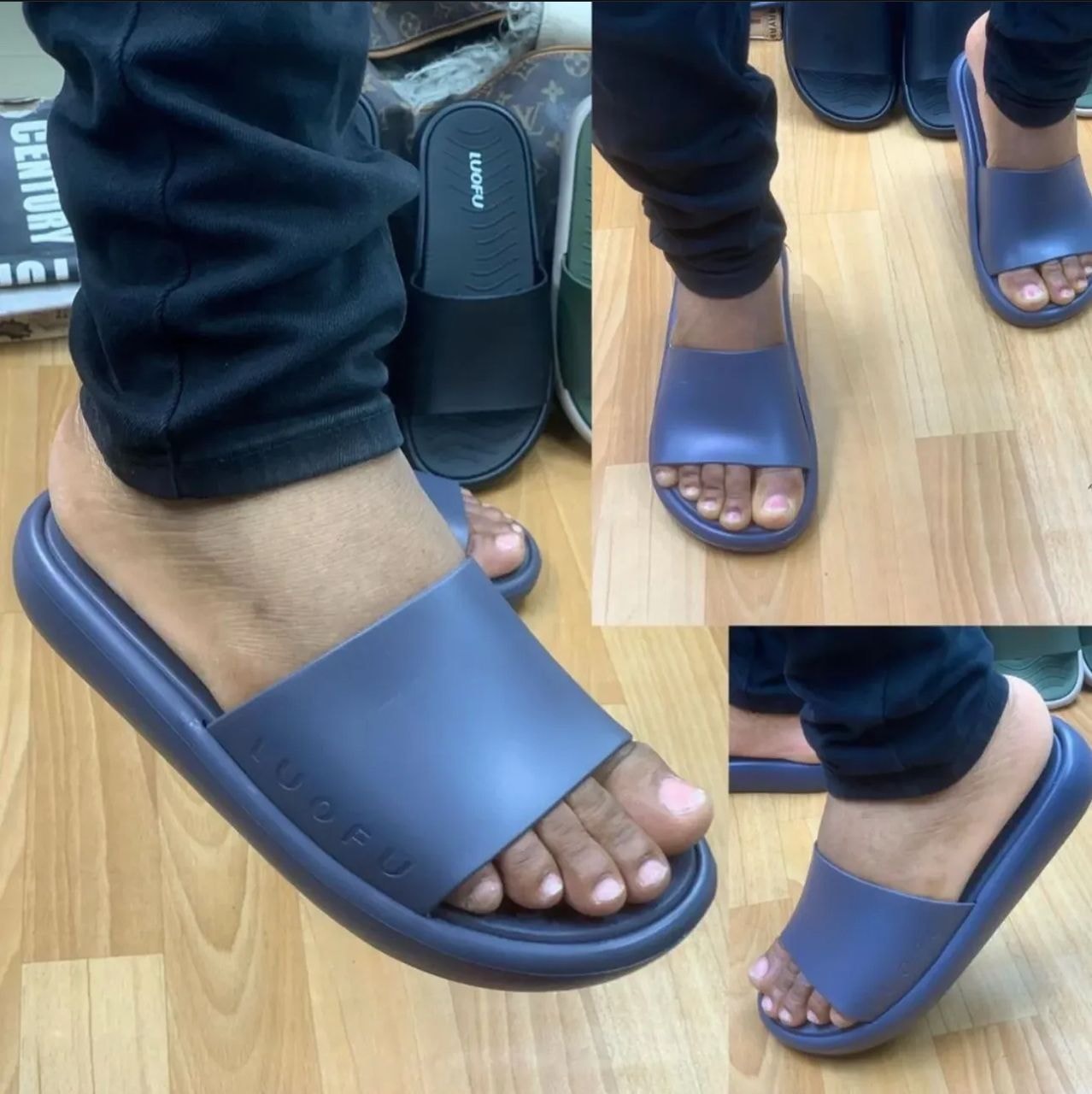 Navy Luofu platform slides shown on feet in multiple poses.