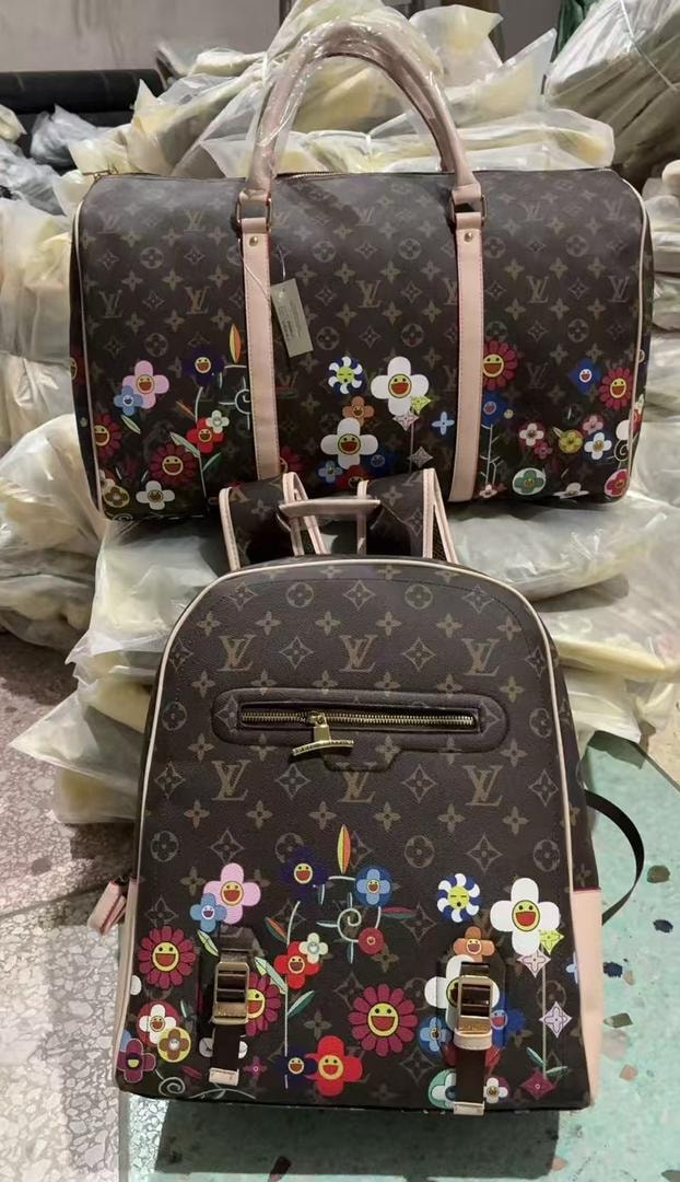 Brown LV monogram backpack and duffle with colorful floral smiley prints.