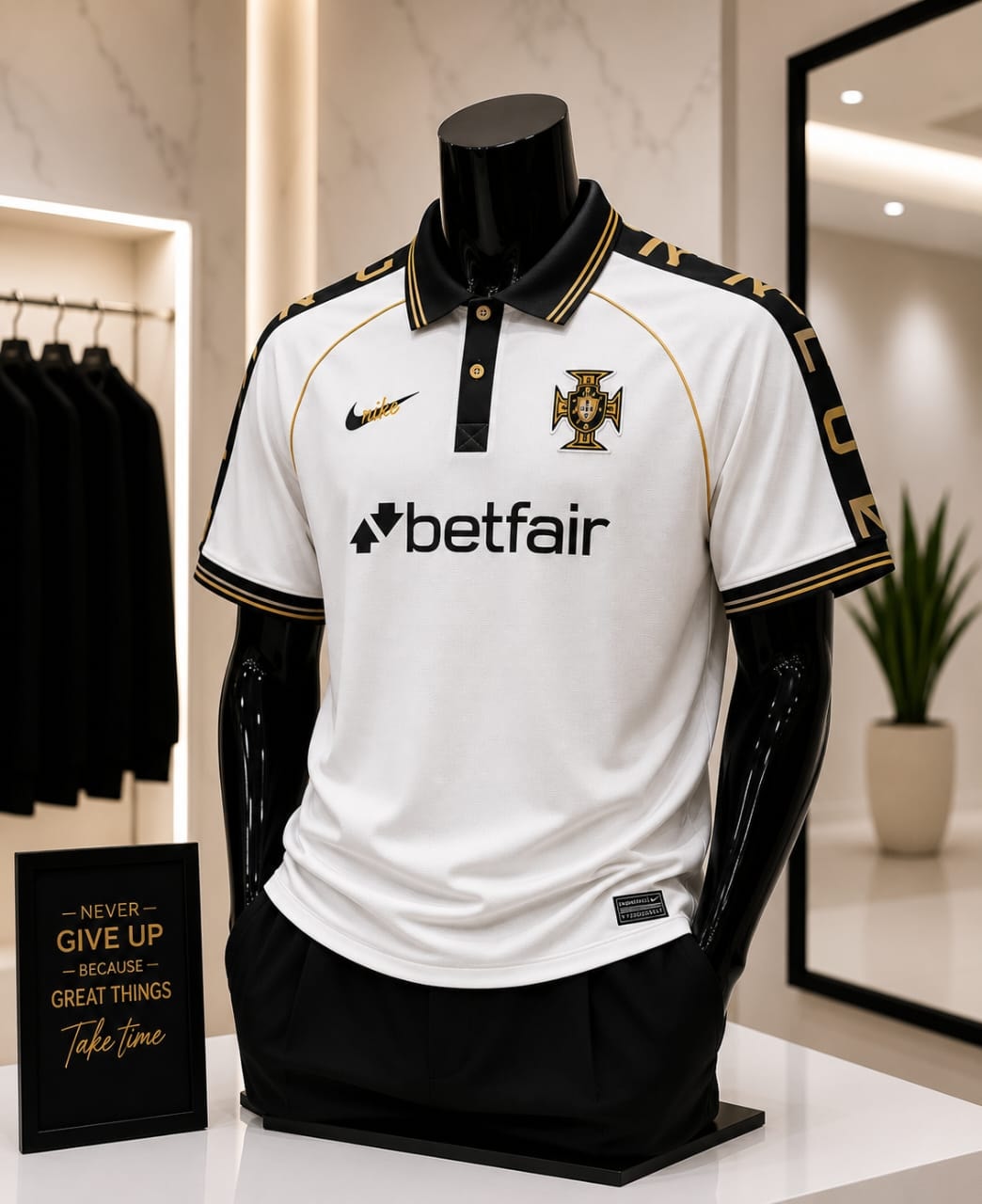 White Portugal Nike Betfair polo jersey on mannequin in showroom.