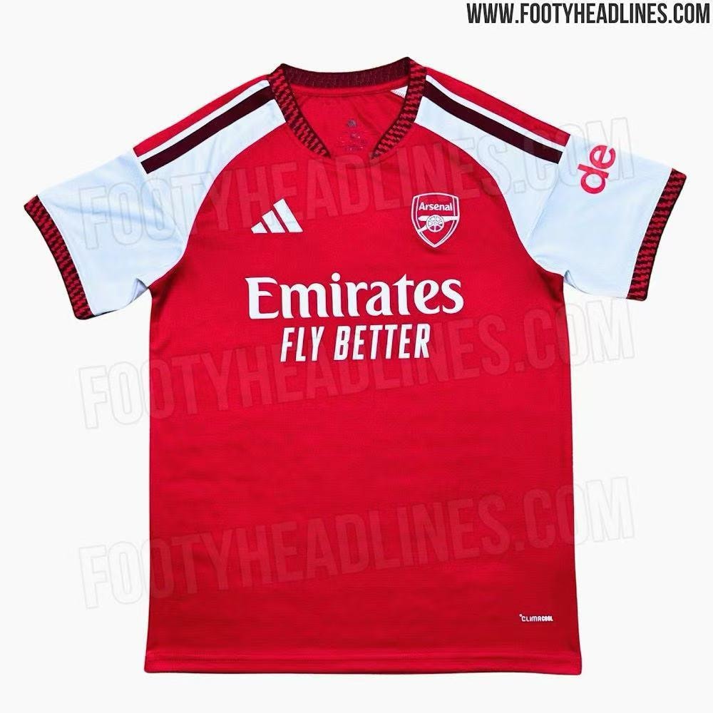 Red Arsenal adidas jersey displayed flat against white background.