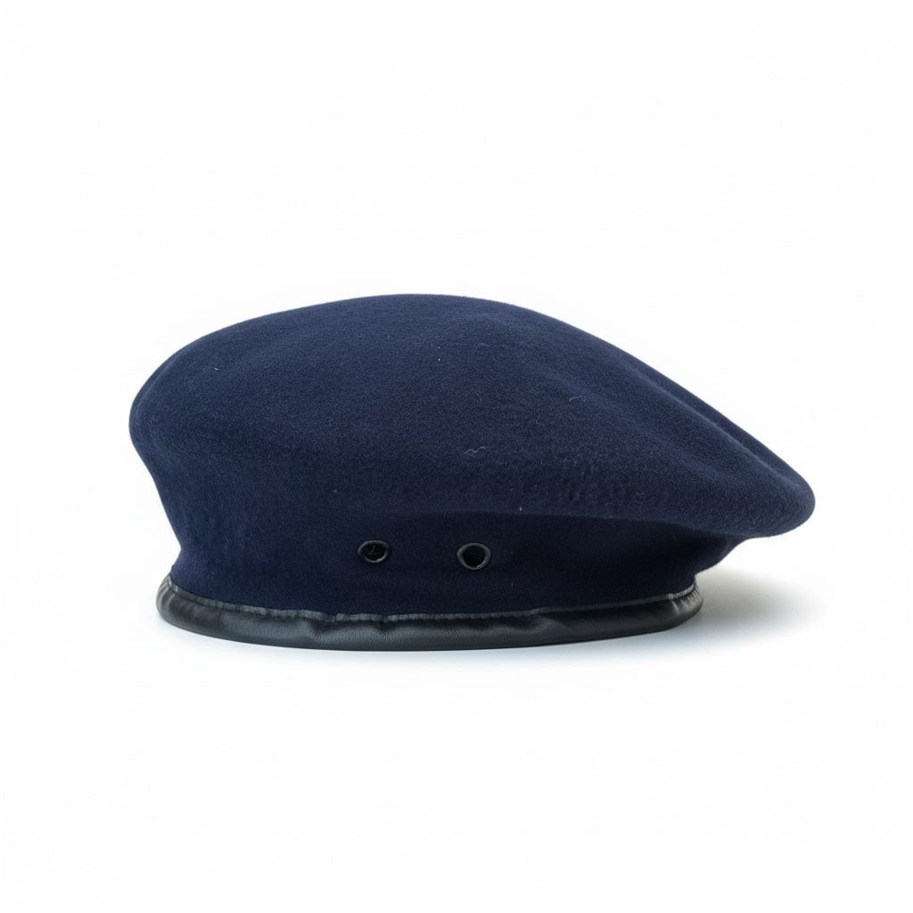 Navy blue wool flat cap with leather band and eyelets.
