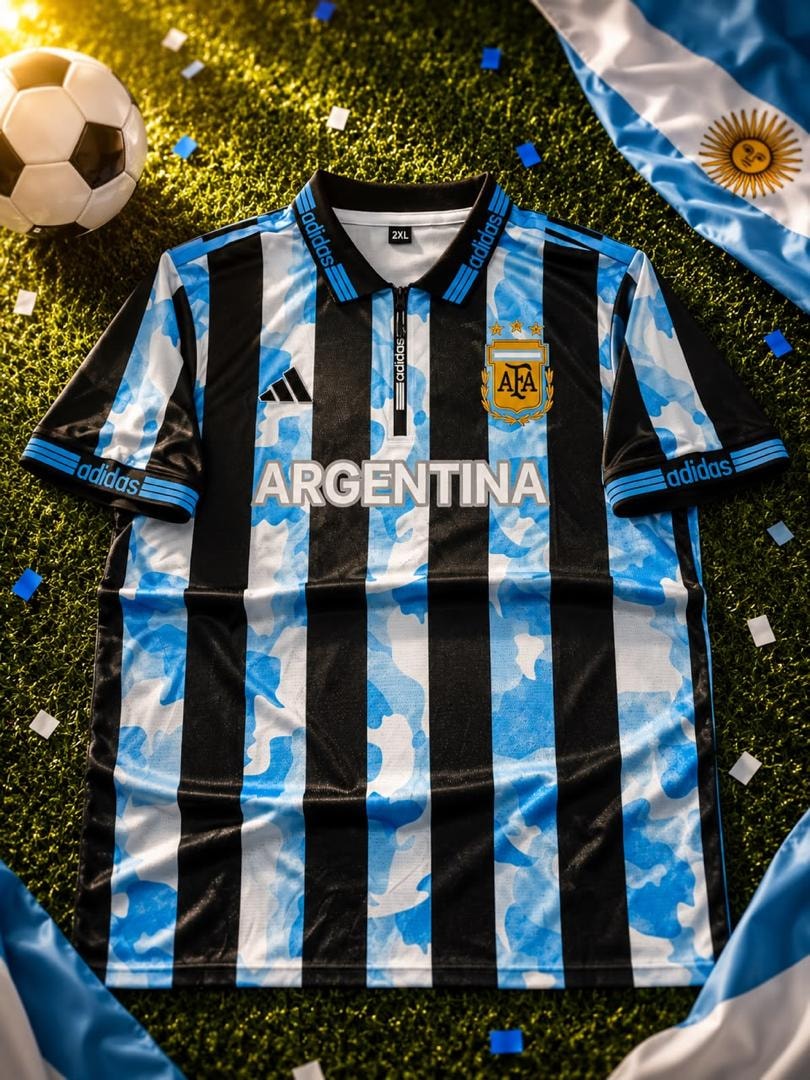 Blue and black striped Adidas Argentina camo football jersey on grass with flag.