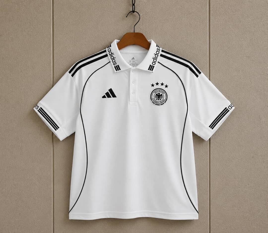 White Adidas Germany national team polo jersey with black trim and crest.