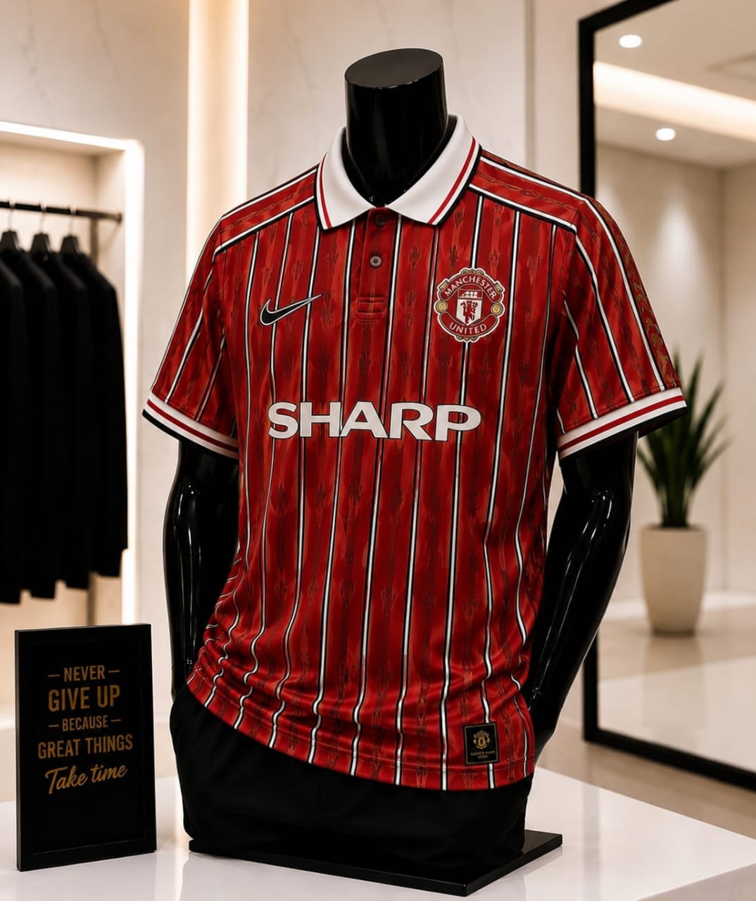 Red striped Nike Manchester United jersey on mannequin.