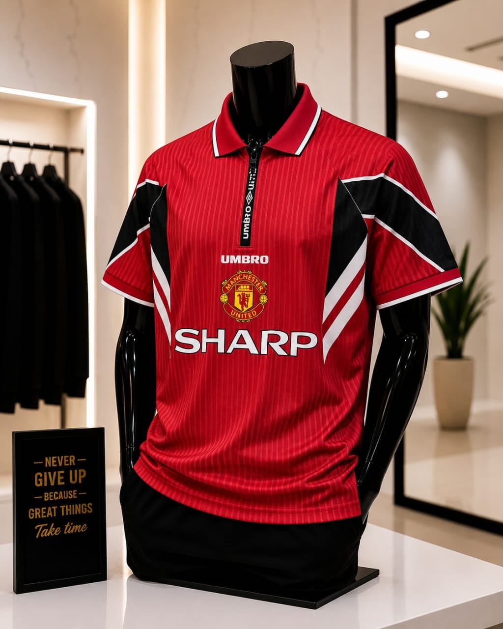 Red Umbro Manchester United polo jersey on mannequin in showroom.