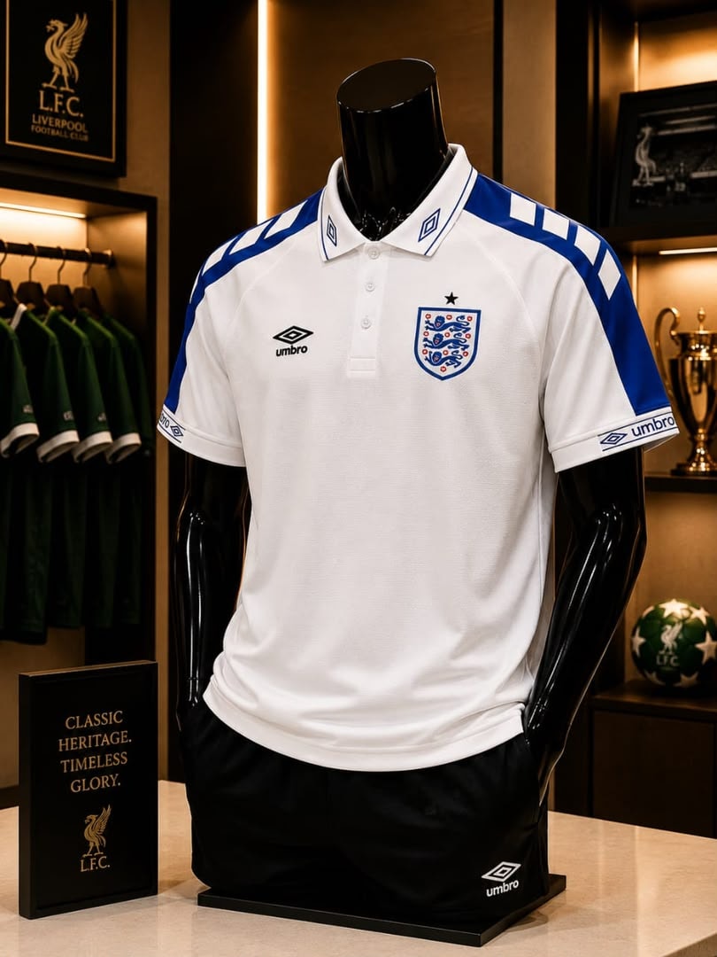 White Umbro England polo jersey on mannequin with trophies in background.