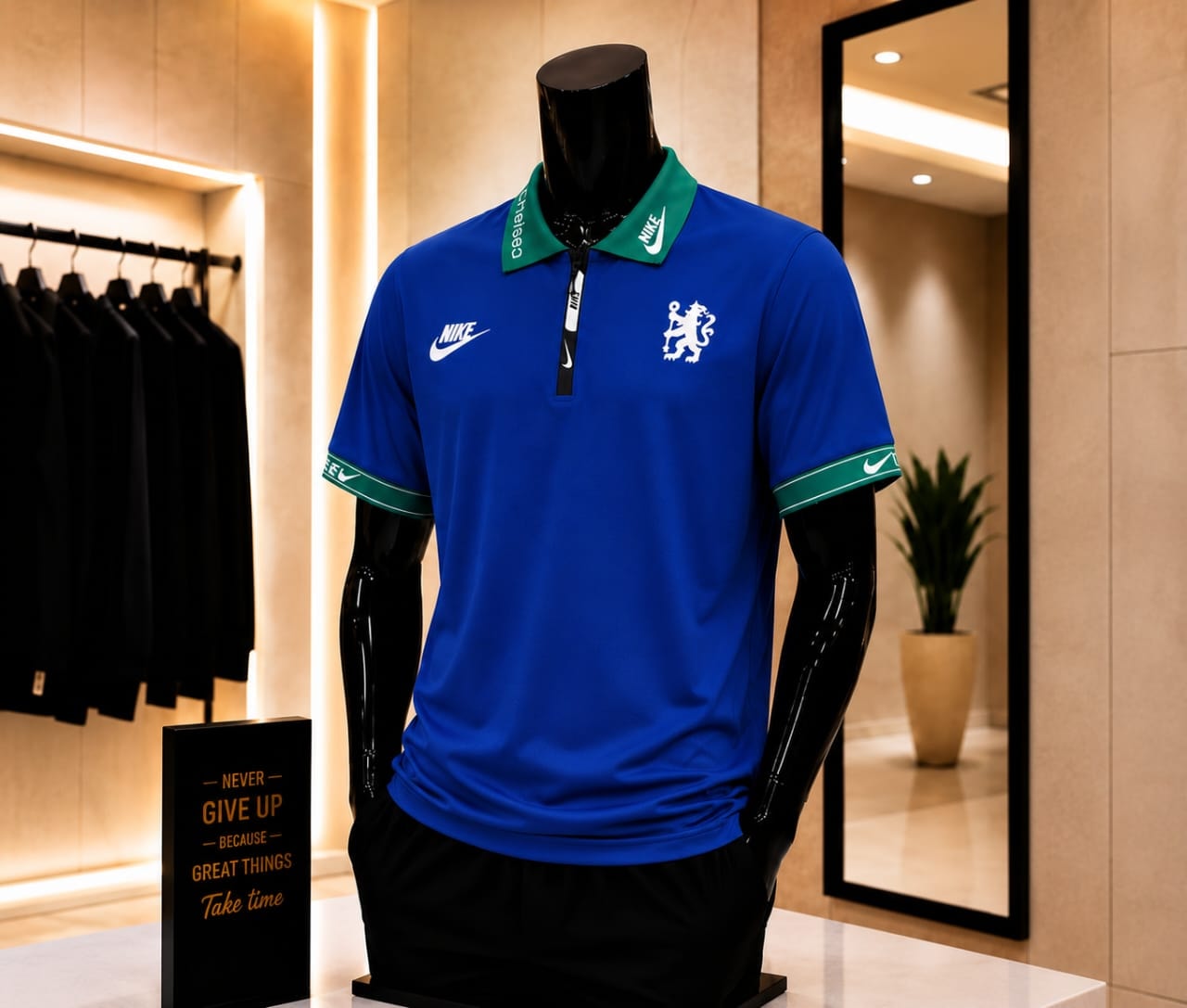 Blue Chelsea Nike polo jersey on mannequin with green trim.
