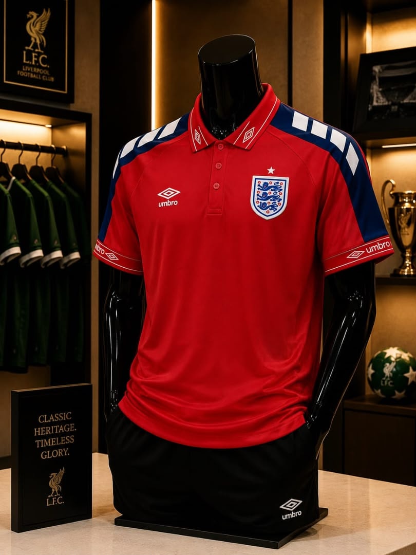 Red England Umbro polo jersey on mannequin with heritage branding.