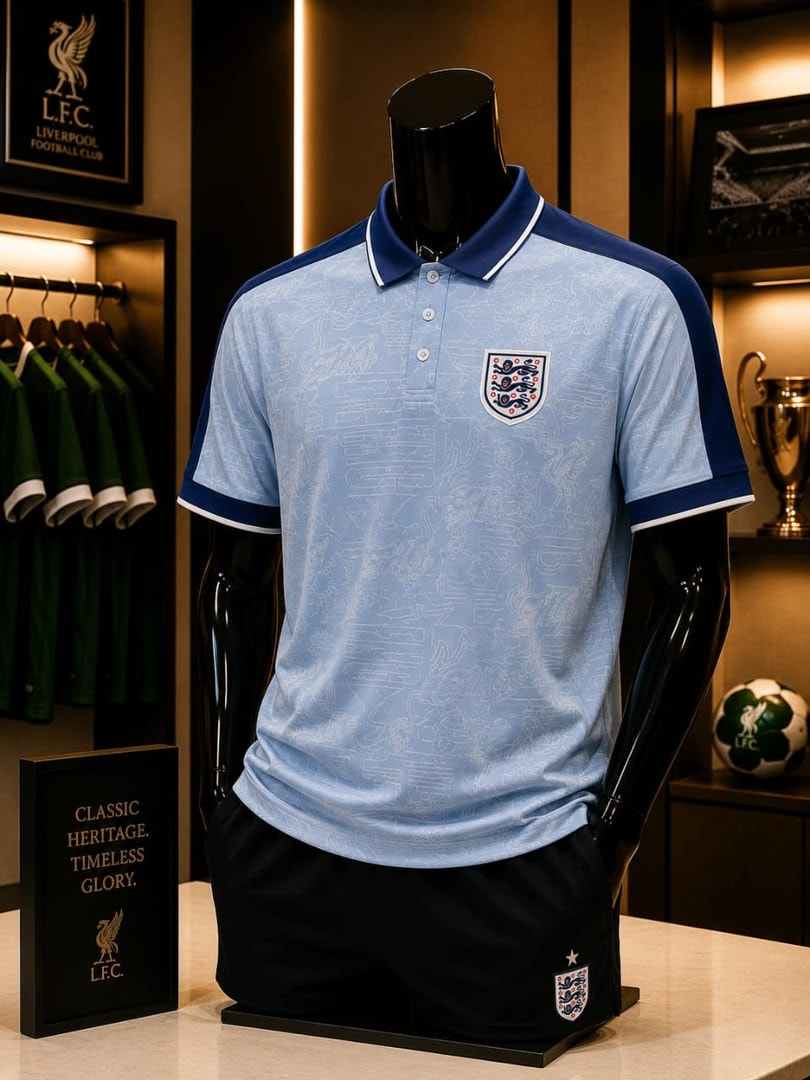 Light blue England national team polo jersey on mannequin.