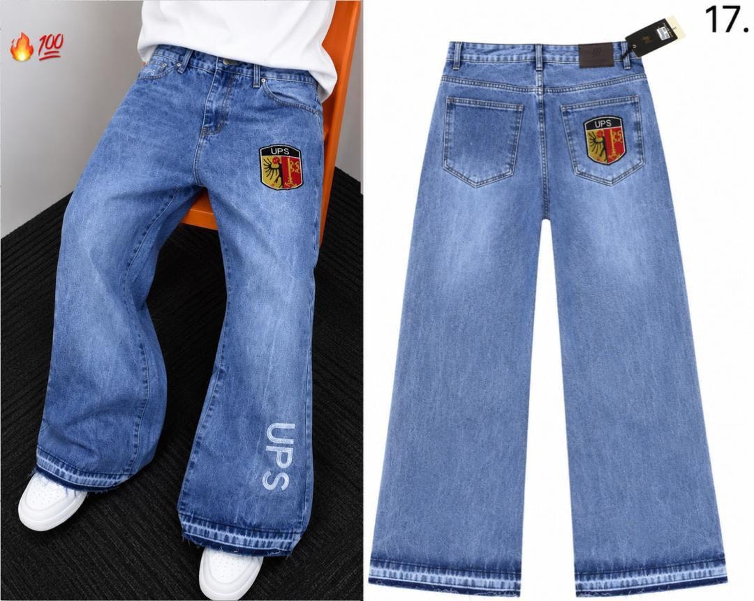 Blue baggy jeans with UPS patches shown on model and flat back view with tag.
