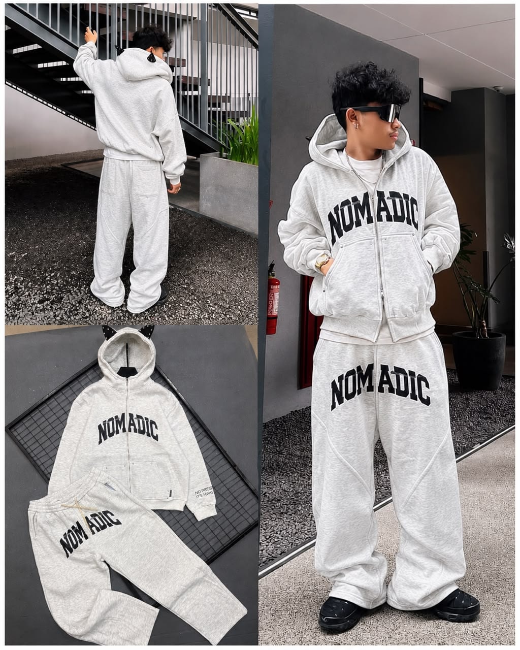 Light gray Nomadic zip-up hoodie and pants set in multiple lifestyle, model, and flat lay views.