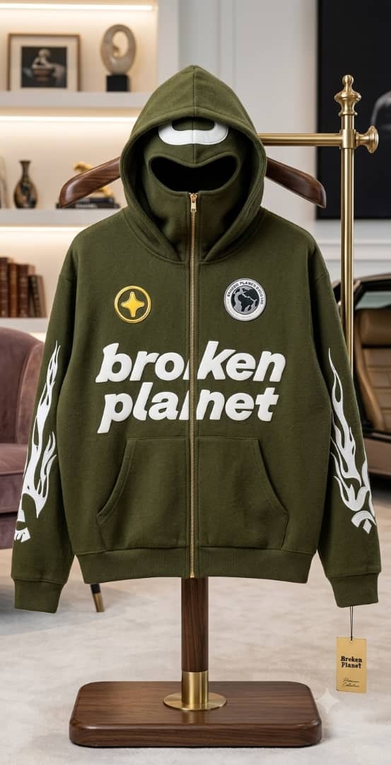Olive green Broken Planet zip-up hoodie with balaclava, chest text and flame sleeve graphics.