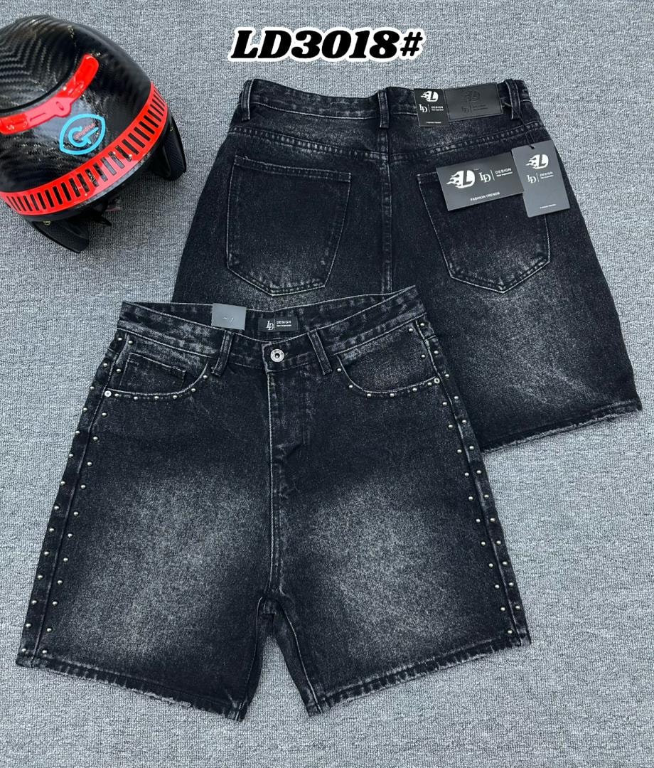 Black studded denim shorts with silver studs on sides and pockets, shown in two views with LD3018 tag.