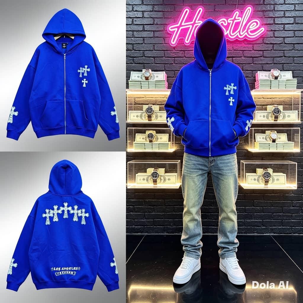Blue zip-up hoodie with white cross prints on chest, sleeves and back with Los Angeles Freedom text, shown in flatlay and on model.