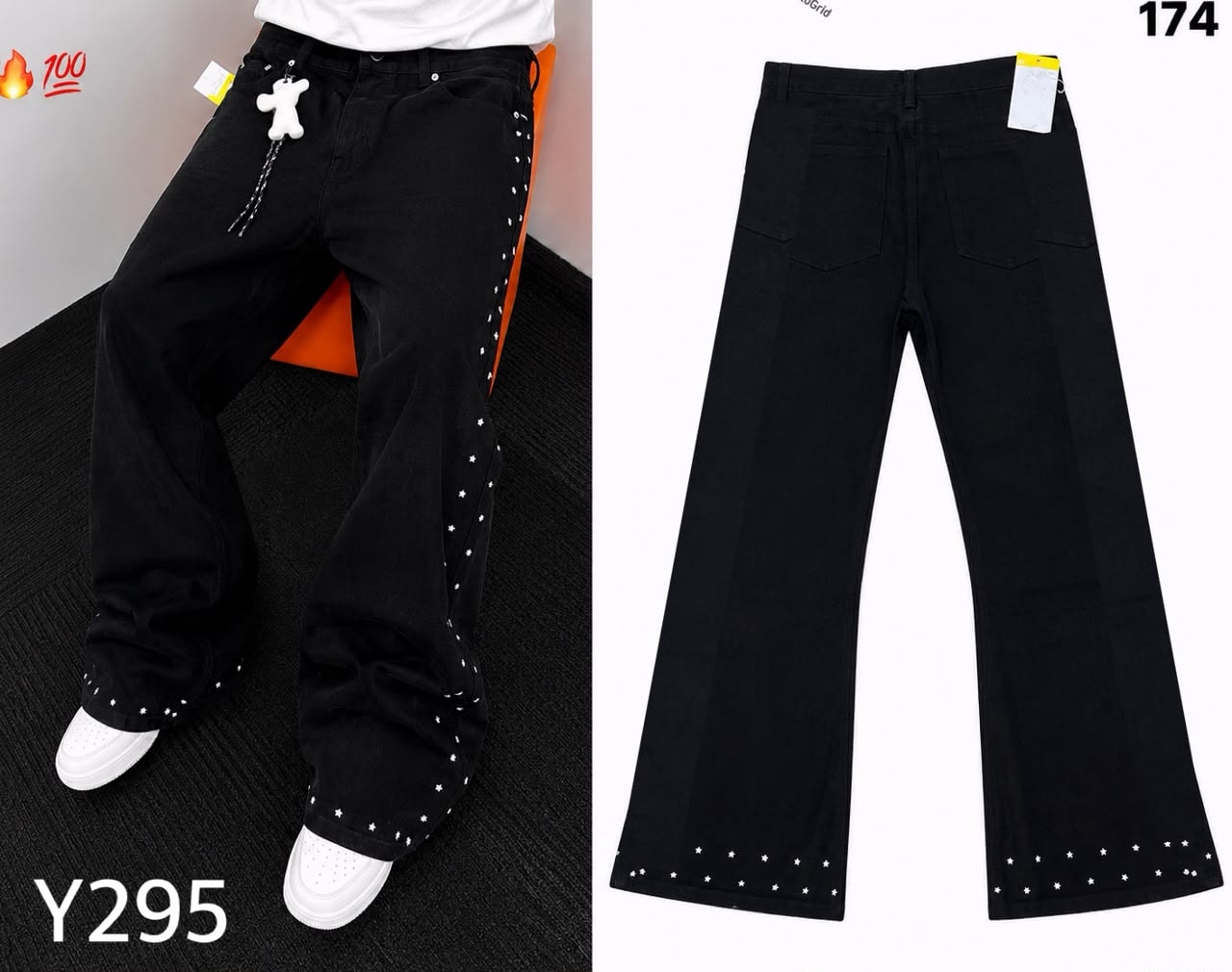 Black baggy jeans with white star studs on sides and hem, shown on model and flat lay.