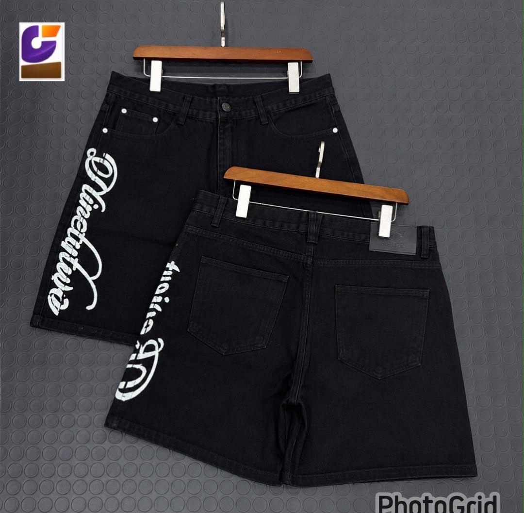 Black denim shorts with white script text shown front and back.